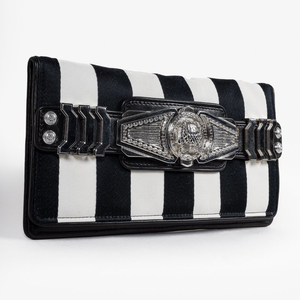 Balmain Black White Stripe Clutch Silver Tone Hardware - Picture 1 of 10